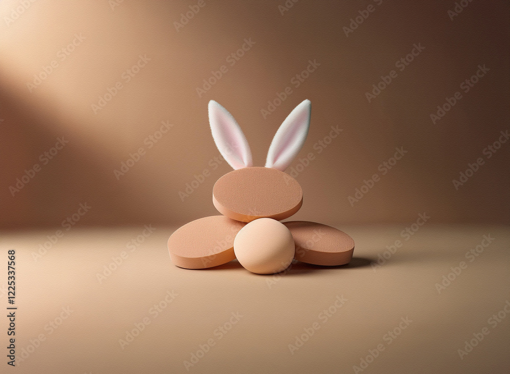 Poster a cute bunny-shaped arrangement of pastel-toned, round objects sits on a neutral background, illumin