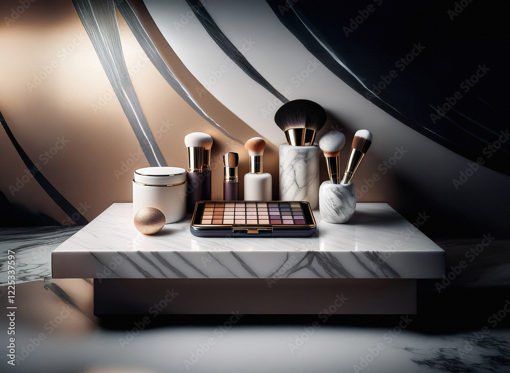 Poster Luxurious makeup brushes and cosmetics arranged on an elegant marble display.  Subtle lighting and curved background create a sophisticated aesthetic.