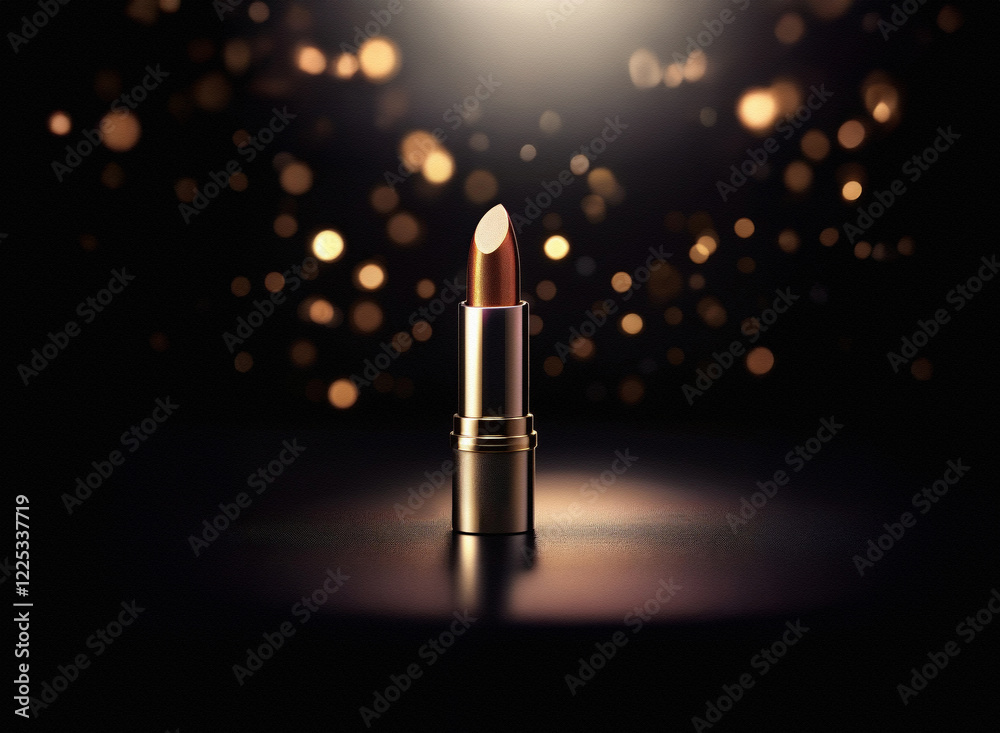Poster a single lipstick stands elegantly on a dark surface, illuminated by a spotlight and surrounded by s
