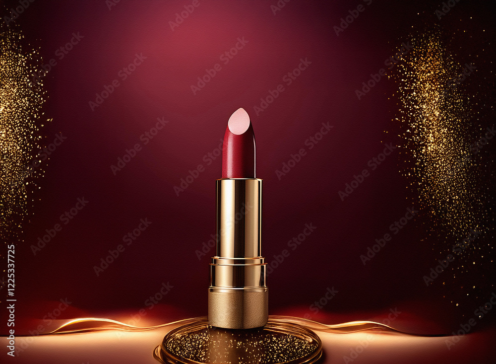 Poster a luxurious dark red lipstick stands elegantly on a golden, shimmering surface, illuminated by golde
