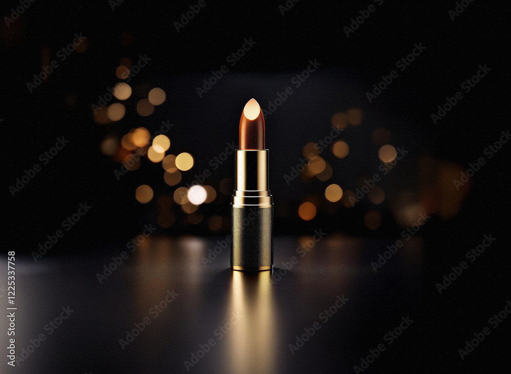 Poster a single lipstick stands upright against a dark background shimmering with bokeh lights. its metalli