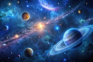 Deep space galaxy background with stars, planets, and nebulae in a dark blue hue, celestial bodies, universe, blue, cosmic dust, planets