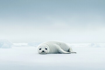 A serene white seal resting on a snowy ice surface under a cloudy sky, evoking tranquility and nature