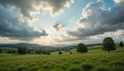 Obraz premium Serene countryside landscape under cloudy sky at sunset, nature's beauty