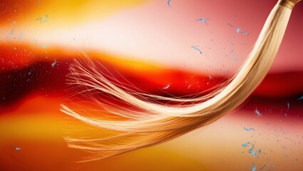 Long blonde hair strand flowing on orange red background with small feather particles light abstract