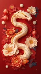 Fototapeta premium A Creamy White Dragon Elegantly Winds Through A Vibrant Arrangement Of Red And Peach Flowers, Lanterns, And Decorative Elements Against A Rich Red Backdrop. 
