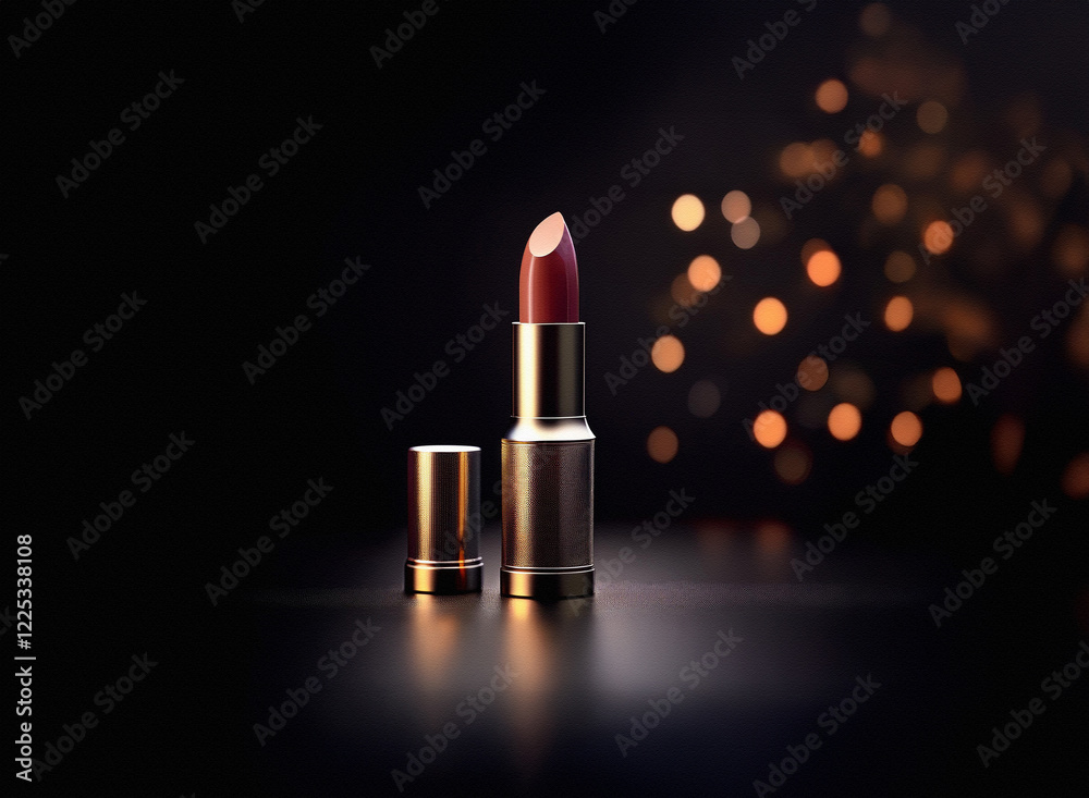 Poster a single tube of dark red lipstick with gold casing sits on a reflective surface against a bokeh bac