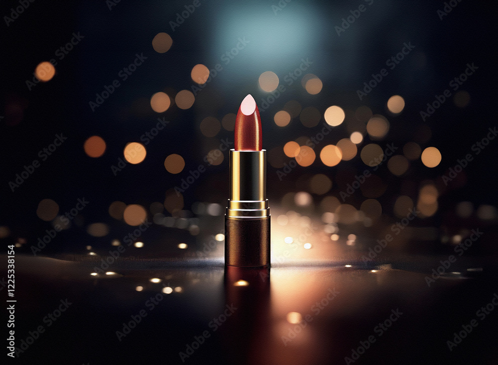 Poster a single lipstick stands out against a dark background, illuminated by warm, bokeh lights. its rich 
