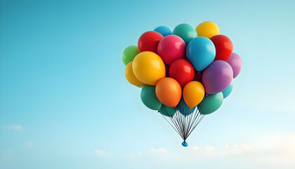 Fototapeta premium A colorful bunch of balloons floating against a clear blue sky, symbolizing joy and celebration.