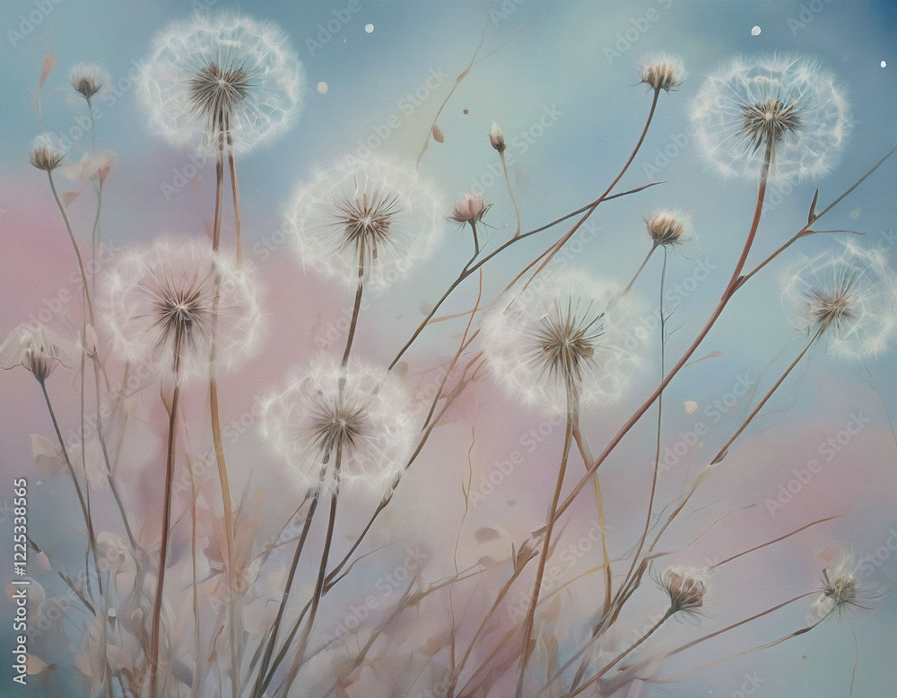 Poster soft pastel hues paint a dreamy scene of delicate dandelion clocks against a twilight sky. wispy ste