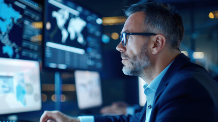 Professional businessman wearing glasses intently analyzing global data on multiple high-tech digital screens in a modern control center