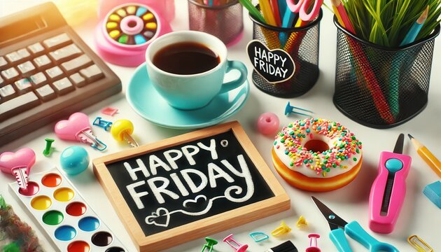 Happy Friday Creative Workspace With Coffee and Donuts