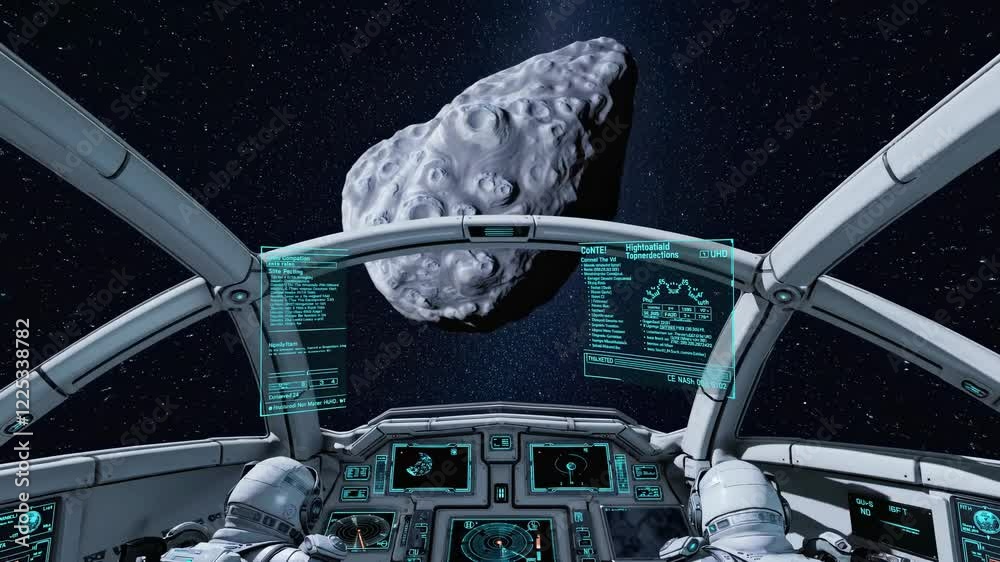 Poster Exploring the depths of space while navigating near an asteroid in a futuristic spacecraft