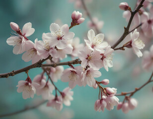 Delicate pink blossoms cluster on a slender branch against a soft teal backdrop.  A gentle spring scene.