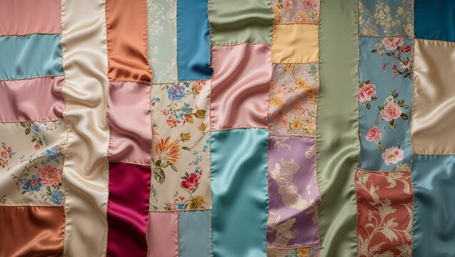 Handmade Colorful Textile Patchwork With Floral Prints And Smooth Satin Pieces