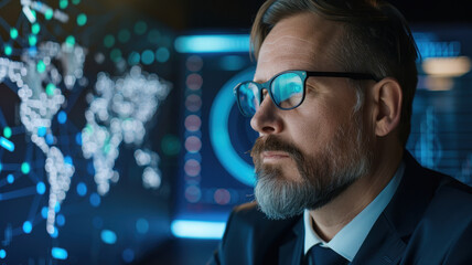 businessman intently analyzing data on digital screens displaying global maps and analytics in a high-tech office