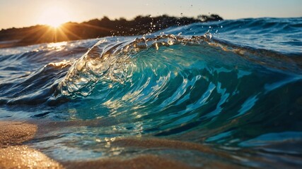 Ocean Wave Breaking on Beach at Sunset with Golden Light Reflecting on Water