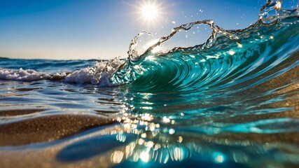 Sunburst through crashing ocean wave with blue sky and sandy beach water splash
