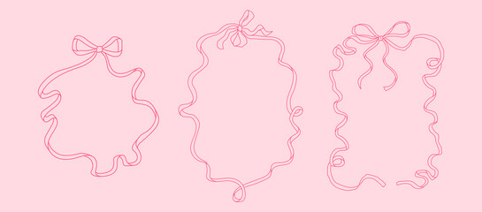 Set of 3 Frames of coquette pretty charming pink bow and ribbons. Hand drawn trendy ribbons border. Vintage bowknots frame for greeting cards, wedding, invitations, social media