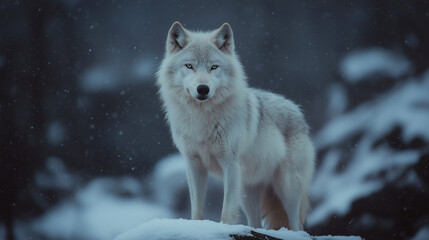 Obraz premium A lone white arctic wolf standing on a snowy cliff, its fur thick and fluffy, with piercing eyes staring into the distance