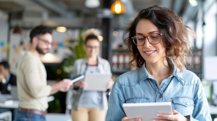 Confident young woman wearing glasses and denim shirt using a tablet in a bright modern office while two colleagues work in the background
