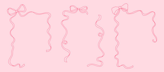 Frames of coquette pretty charming pink bows and ribbons. Hand drawn trendy ribbons border. Vintage bowknots frame for greeting cards, wedding, invitations, social media