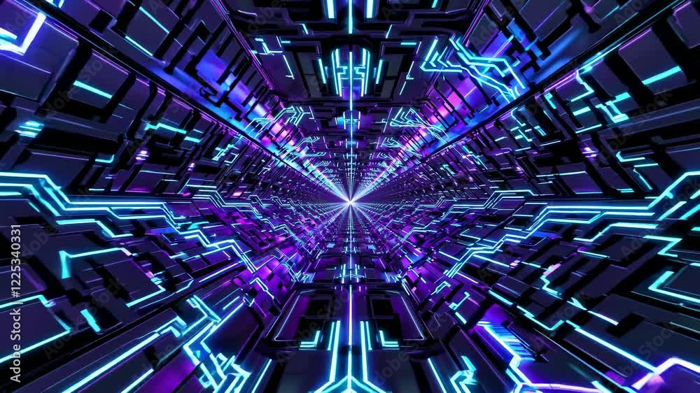 Wall mural journey through a vibrant neon tunnel showcasing abstract technology and dynamic light patterns