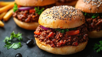 Sloppy Joes, close-up, dark background, french fries