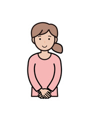 笑顔でおもてなしポーズの若い女性の上半身イラスト