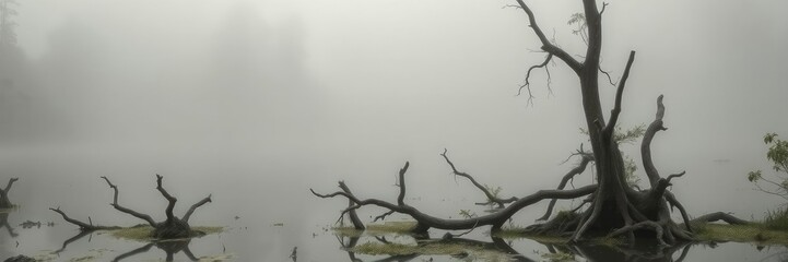 Dense fog envelops a misty atmospheric swampy lake surrounded by twisted tree trunks and overgrown vegetation, fog, tree trunks, lake
