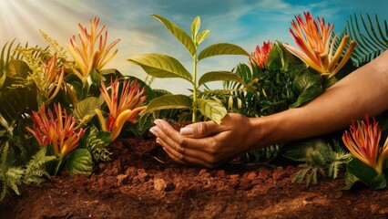 eco earth day concept. hand holding young plant in sunshine and green nature background, save earth day, photo ai generated