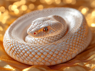 Fototapeta premium close-up view of a snake's head and part of its body against a golden background. The snake has a shiny, metallic appearance with scales that reflect light, giving it a striking and glowing effect.