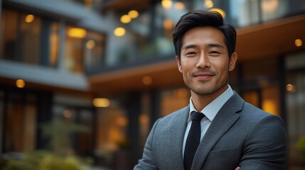 Fototapeta premium Confident Asian Businessman Portrait: Successful Executive in Modern City Setting