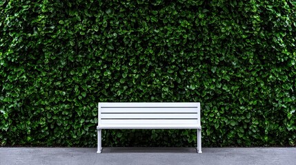White bench against green leafy wall, park setting, peaceful scene, ideal for relaxation