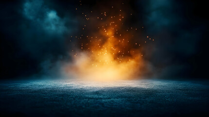 A dramatic explosion with orange and blue tones, creating a captivating visual impact in a dark environment.
