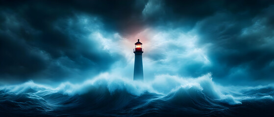 A dramatic lighthouse stands tall amidst towering waves and stormy skies, symbolizing hope in turbulent times.