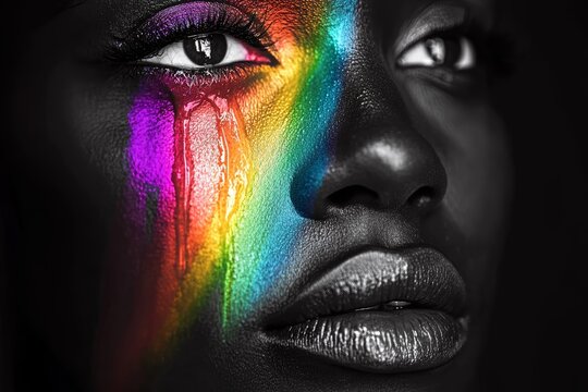Vibrant rainbow tears on african female face in darkness