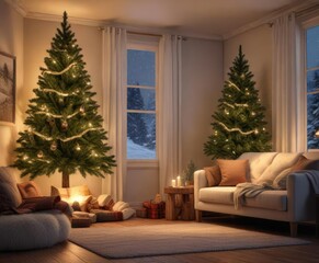 Detailed spruce Christmas tree in a cozy reading nook with plush furniture and soft lighting, romantic atmosphere, soft decor