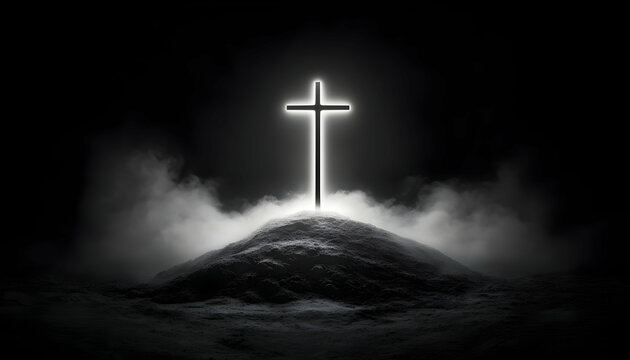 A dramatic silhouette of a cross illuminated against a dark, misty background, evoking themes of faith and spirituality.
