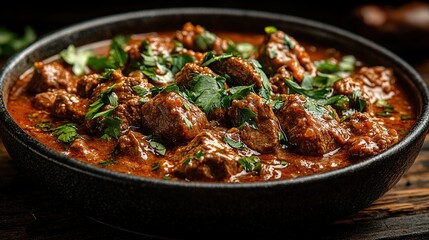 Fototapeta premium Spicy beef stew, dark bowl, wooden table, close-up, food blog