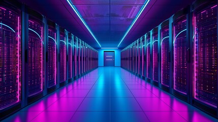 Neon-lit server room corridor; data center infrastructure; futuristic technology; background shows a city skyline; for tech,  IT, and digital concepts
