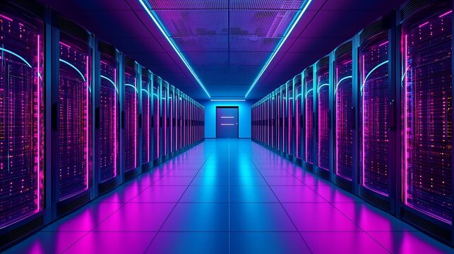 Neon-lit server room corridor; data center infrastructure; futuristic technology; background shows a city skyline; for tech,  IT, and digital concepts - Powered by Adobe