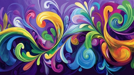 Vector art, vector illustration with a purple background, swirling lines and curves in shades of blue, green, violet, and pink, colorful, abstract foliage and flora