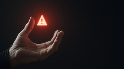 Hand Grasping Luminous Red Triangle with Exclamation Mark