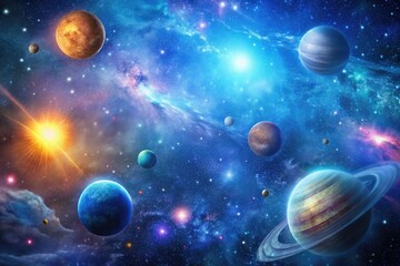 Naklejka premium Digital galaxy background with vibrant stars, planets, and nebulas on a dark blue space background, stars, nebulas, abstract, celestial