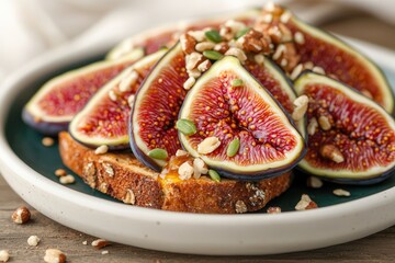 A tasty fig packed with organic vitamins and superfood benefits. Fresh figs on toast topped with seeds and nuts.