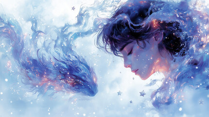 Digital painting of woman and cosmic creature with starry background.