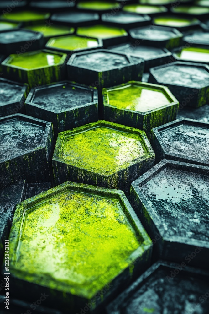 Poster abstract geometric pattern with green and gray hexagonal shapes in a close up perspective