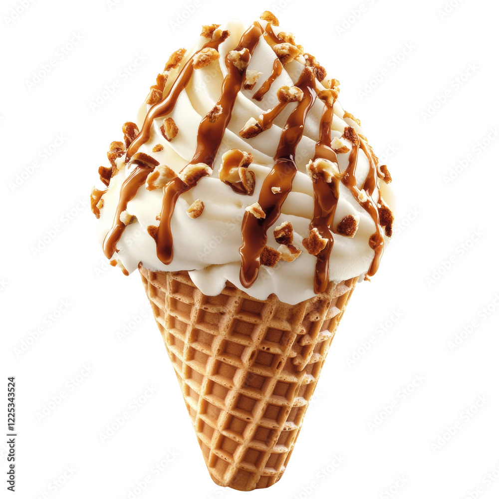 Poster a waffle cone filled with vanilla ice cream topped with caramel and pecans is shown against a black 