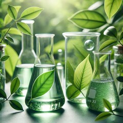 Close-up view of several glass laboratory vessels, including test tubes and an Erlenmeyer flask
